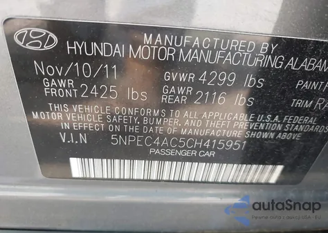 2012 Hyundai Sonata Limited z USA, uszkodzony, nr VIN 5NPEC4AC5CH415951